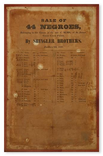 (SLAVERY AND ABOLITION). SOUTH CAROLINA. Sale of 44 Negroes Belonging to the Estate of the Late C. Mims of St James Goose Creek Parish.